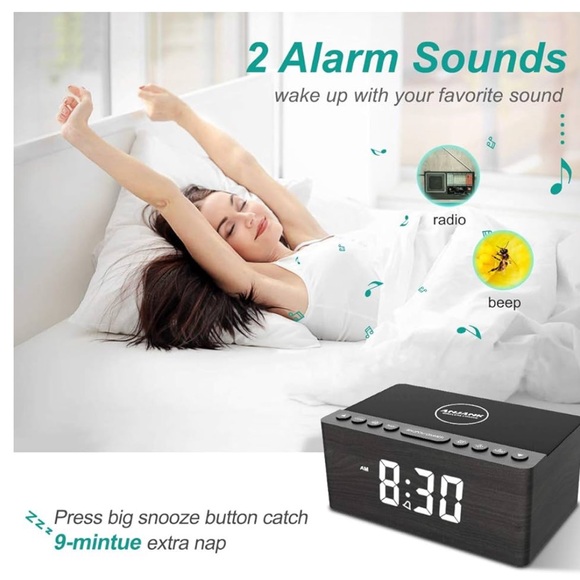 ANJANK Wooden Digital Alarm Clock FM WIRELESS SMARTPHONES CHARGER - Picture 8 of 14